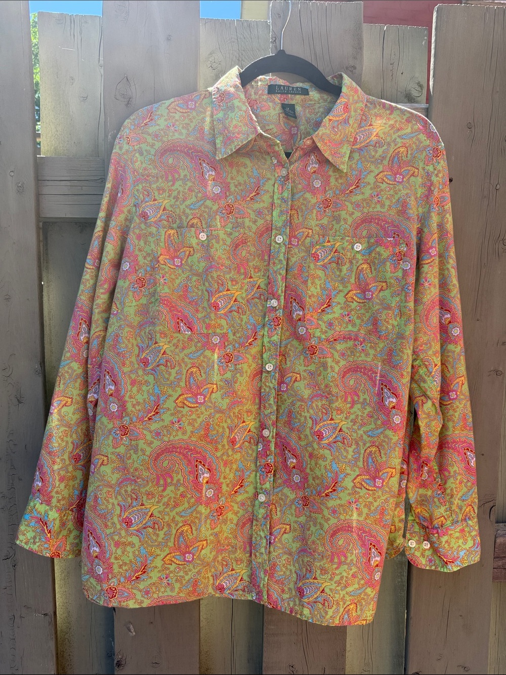 Lauren by Ralph Lauren Petite Green Paisley Cotton Button shirt 1x